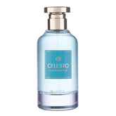 Lightblauwe parfumfles met gouden dop voor Celesta Turquoise geurproduct